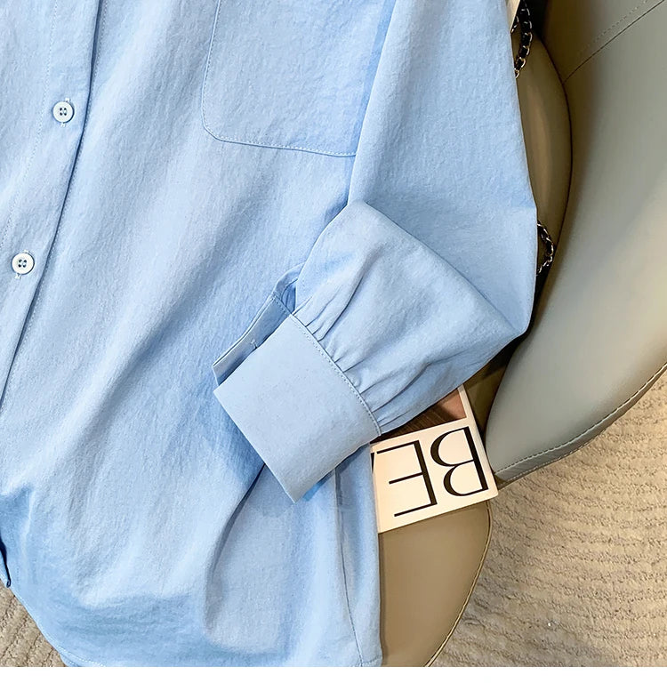 Plus Size Women's Blouses 2025 Spring Autumn Simple Lady Shirts Long Sleeve Big Pockets Shirt Loose Casual Tops