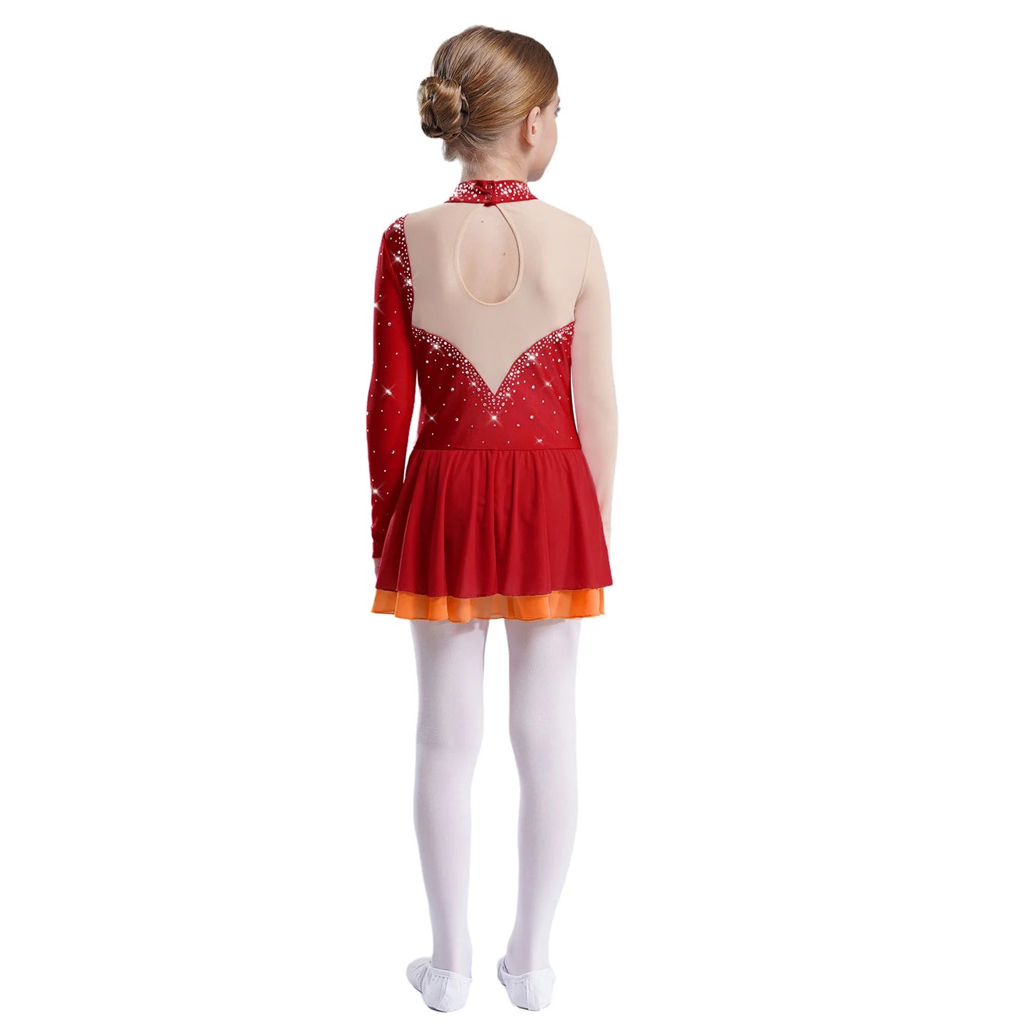 Kinder Mädchen Eiskunstlauf Kleid Lyrical Ballett Tanz Rhythmische Gymnastik Leistung Kostüm Langarm Strass Trikot.