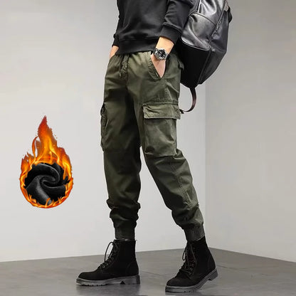 Men's Winter Snow Warm Thermal Plush Cargo Pants Comfortable Elastic Waist Casual Trousers Trend Versatile Concise Outside Pants.