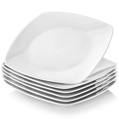 MALACASA 6/12 Piece White Square Porcelain Dinner Plate Set Dessert Plate Salad Fruit Beef Flat Plate Set (23.5 * 23.5 * 2cm).