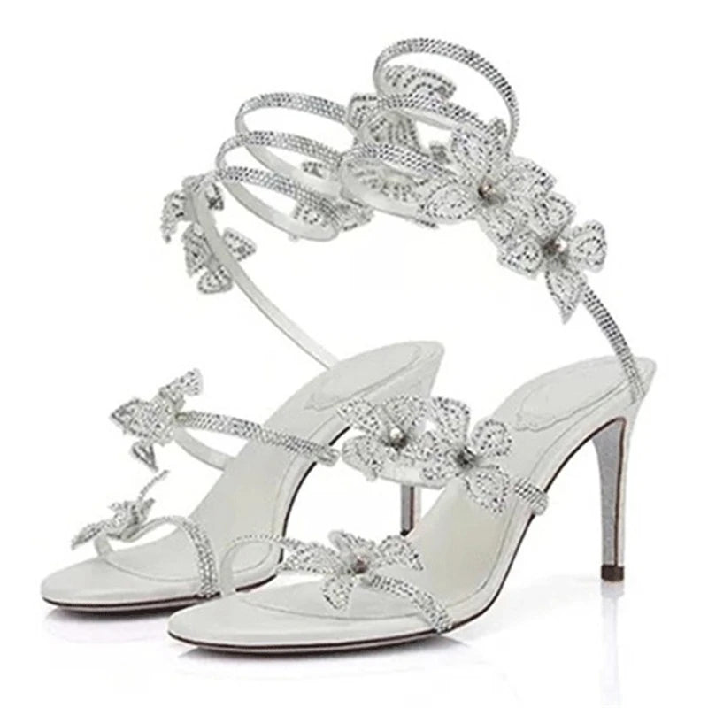 Eilyken Sexy CRYSTAL Flower Thin High Heels Women Sandals Street Style Narrow Band Ankle Strap Pole Dancing Ladies Shoes.