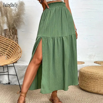 Fairyshely Casual Green Split Long Skirt Women 2025 Summer Ruffle High Waist Midi Skirt Lady Elegant Solid A line Pleated Skirt.