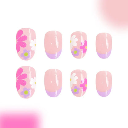24Pcs Short Almond Press-On Nails Pink Floral French Tip Glossy&Elegant Full Cover Fake Nails for Women&Girls Spring,Daily Wear.