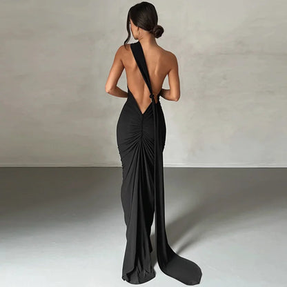 Mozision Schräge Schulter Backless Maxi Kleid Für Frauen Kleid Sommer Zurück Strap Ärmellose Geraffte Party Sexy Langes Kleid Vestidos