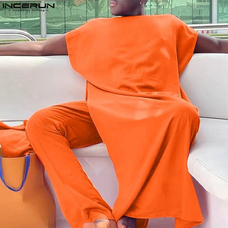 INCERUN Men Sets Muslim Clothing Saudi Arabia Solid O-neck Sleeveless Kaftan Jubba Thobe & Pants 2PCS 2024 Islamic Men's Suits.