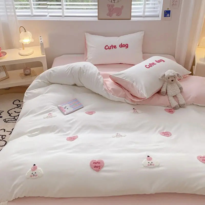 Ins Girly Heart Towel Embroidery Bedding Four-piece Set Soft Washed Cotton Bed Sheet Quilt Cover Three-piece Set