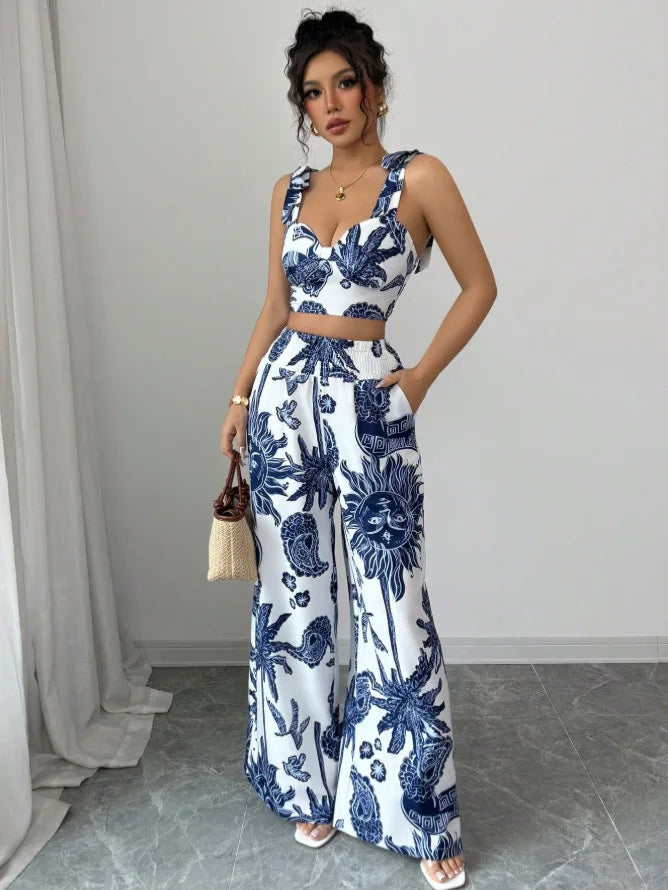 Sexy Strapback Halter Tops Long Pants Female 2-piece Set Summer Fashion Printed Wide-leg Pocket Trousers Elegant Women's Suit.