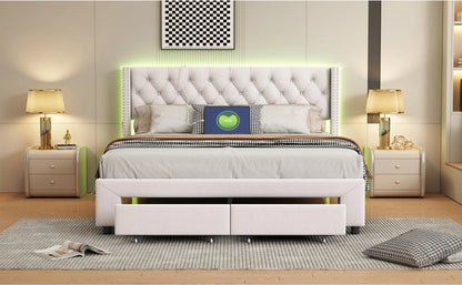 Lazyspace Samtpolsterbett, Doppelbett mit LED-Beleuchtung und USB, hydraulischer Bettrahmen mit Stauraum und 2 Schubladen