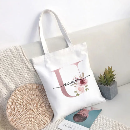 Custom Name White Canvas Tote Bag Large Capacity Foldable Supermarket Shopping Bag for Women Shopper Personalized Handbags