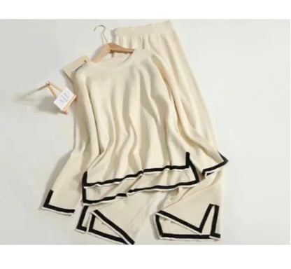 Elegant Suit Long-sleeved Side Slit Pullover Sweater Wide-leg Pants 2-piece Set Women's Autumn Solid Color Casual Sweatshirt.