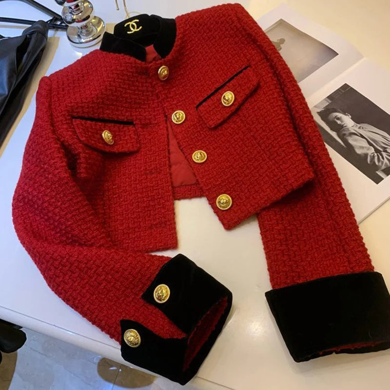 Mode Nähen Tweed Kurze Jacke Frauen Herbst Winter Elegante Büro Dame Mantel Y2K Koreanische O Neck Einreiher Crop Outwear.