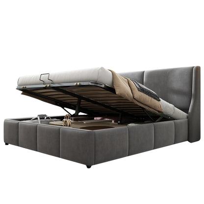 Merax Polsterbett Ohrform Kissenkopfteil Doppelbett hydraulisch Funktionsbett 180x200 grau