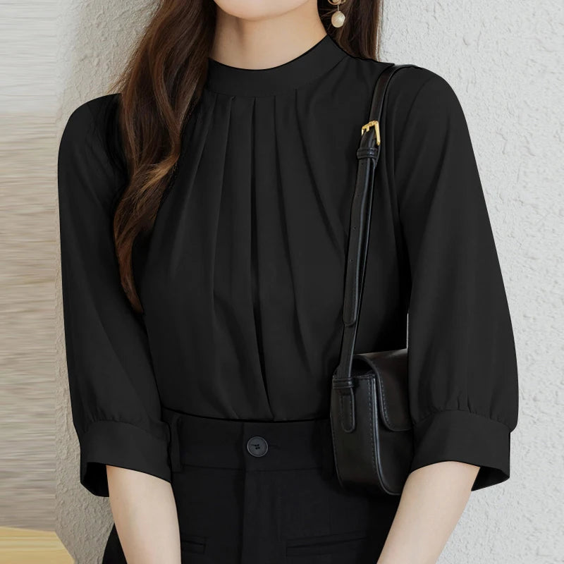 ZANZEA Fashion Stand Collar Blouse Woman 3/4 Sleeve Solid Color Tunic Tops Female Casual Loose Shirt Elegant Party Blusas Mujer.