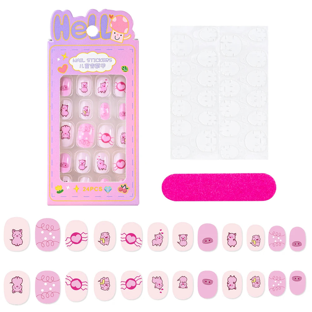 24Pcs/box Kids nails for Girl Cartoon Pattern False Nail Cute Child Fake Nails Tips Kawaii Acrylic Artificial Press on Nail+Tool