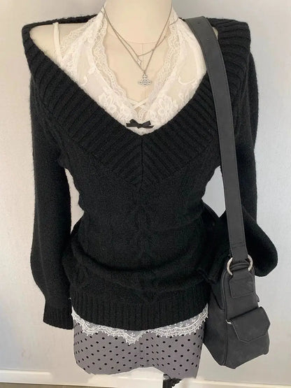 Chic Gothic Slim Sexy Strickpullover Soft Kint Pullover Langarm Skinny Tops Y2k Design Streetwear V-Ausschnitt Fairy Grunge.