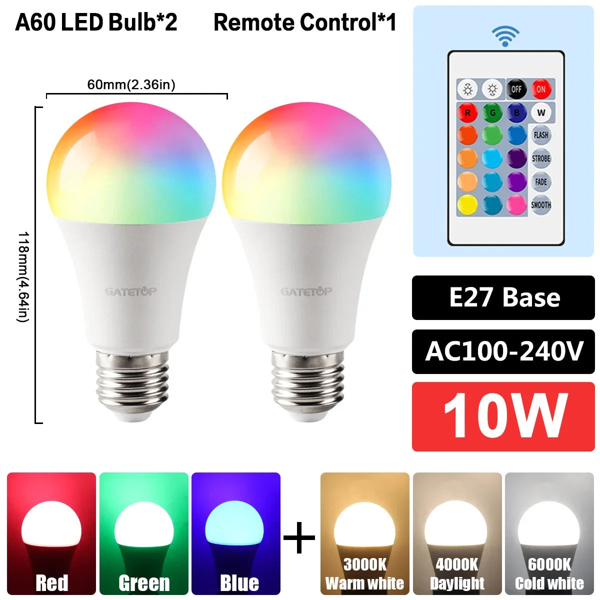 E27 RGB LED Bulb Base 24 Key Remote Control Dimmable 10W RED Blue AC220V 110V Colorful Change for Bedroom Living Room Desk Lamp.