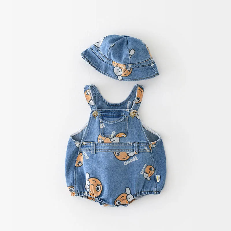 2 Stück Sommer Kinder Baby Denim Bodysuit und Mützen Anzüge einteilige Unisex Kleinkind Jungen Mädchen weiche Jeans Kleidung Jeans Sprung anzüge.