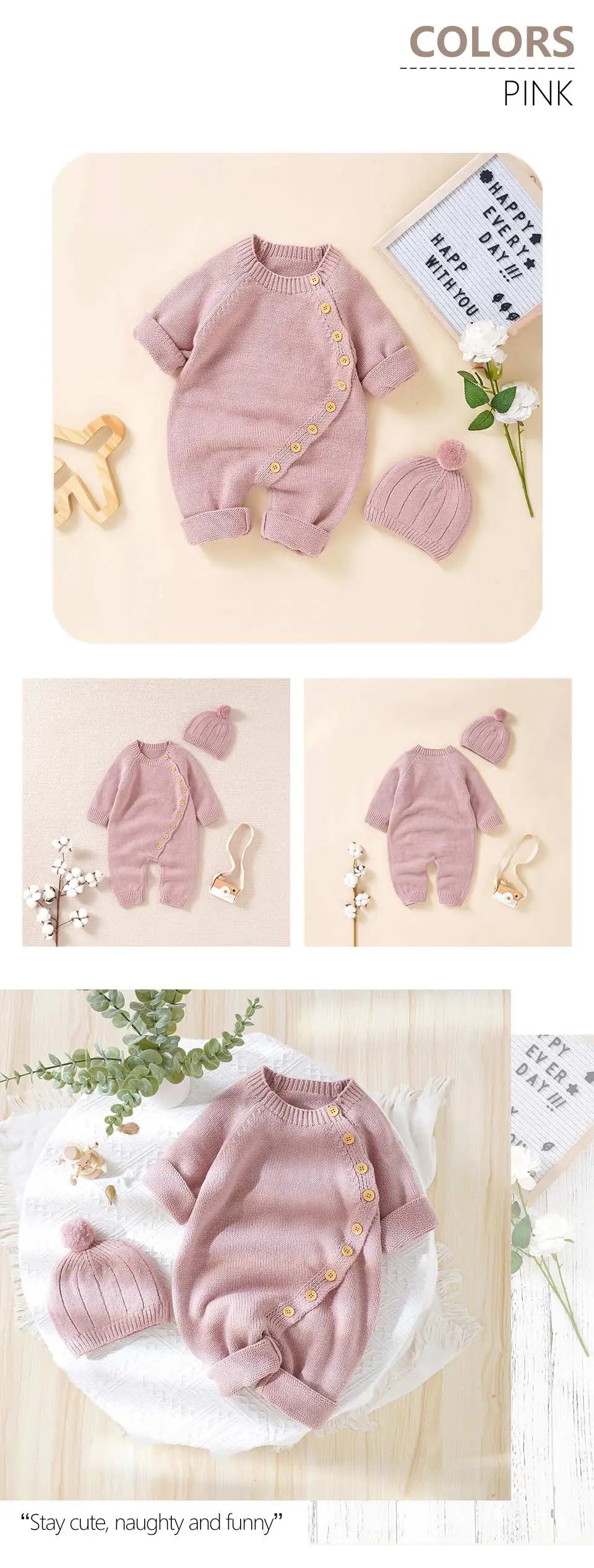 Baby Rompers Knitted Autumn Long Sleeve Newborn Boys Girls Jumpsuits Hats Outfits Sets Winter Solid Infant Netural Overall 0-18m