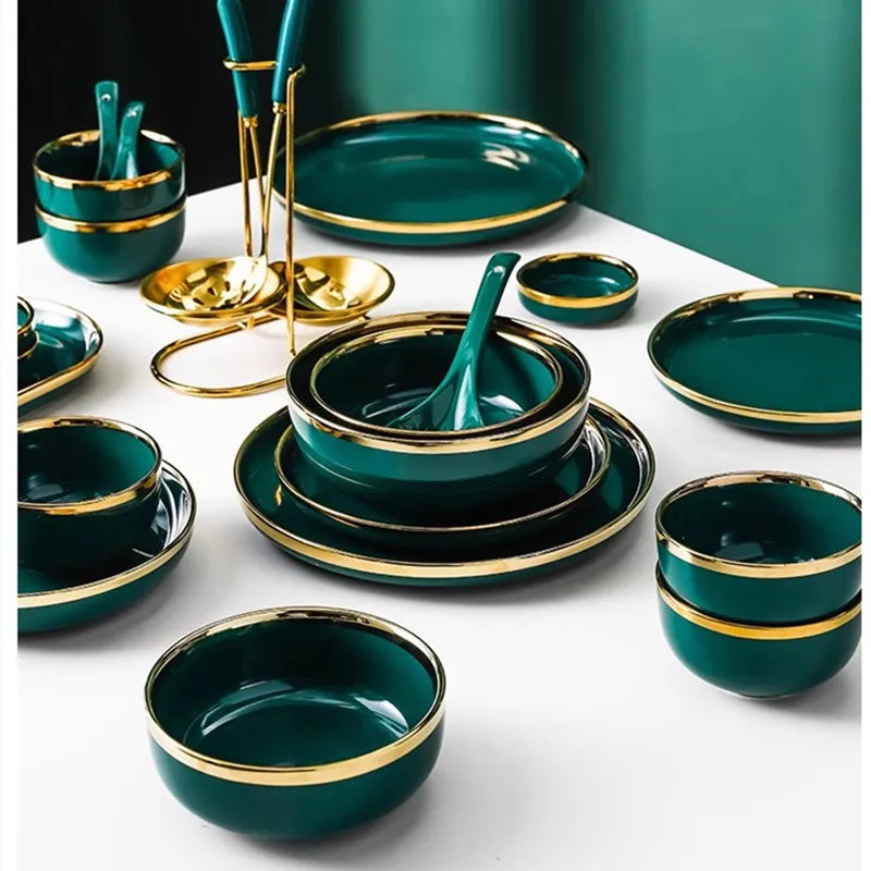 High-end Green Ceramic Plate Home Porcelain Dinner Plate Exquisite Ceramic Bowl Custom Large Size Fish Plate Kitchen Accessories.