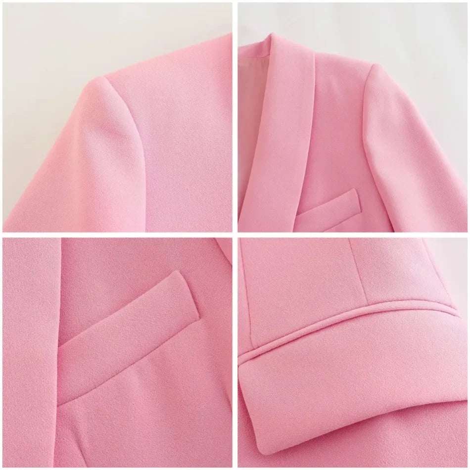 Women's Blazer New Spring Elegant Casual Office Lady Pink Jacket Coat Fashion High Waist Loose Wide Leg Trousers Pant Suit.