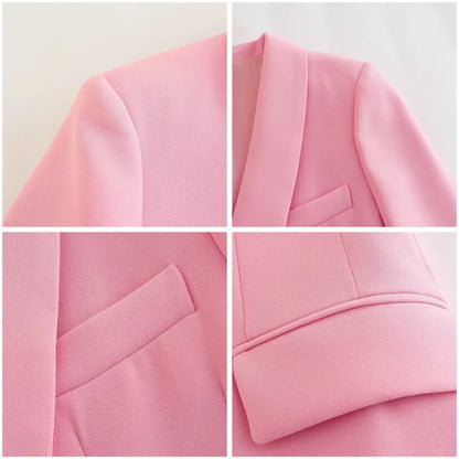 Women's Blazer New Spring Elegant Casual Office Lady Pink Jacket Coat Fashion High Waist Loose Wide Leg Trousers Pant Suit.