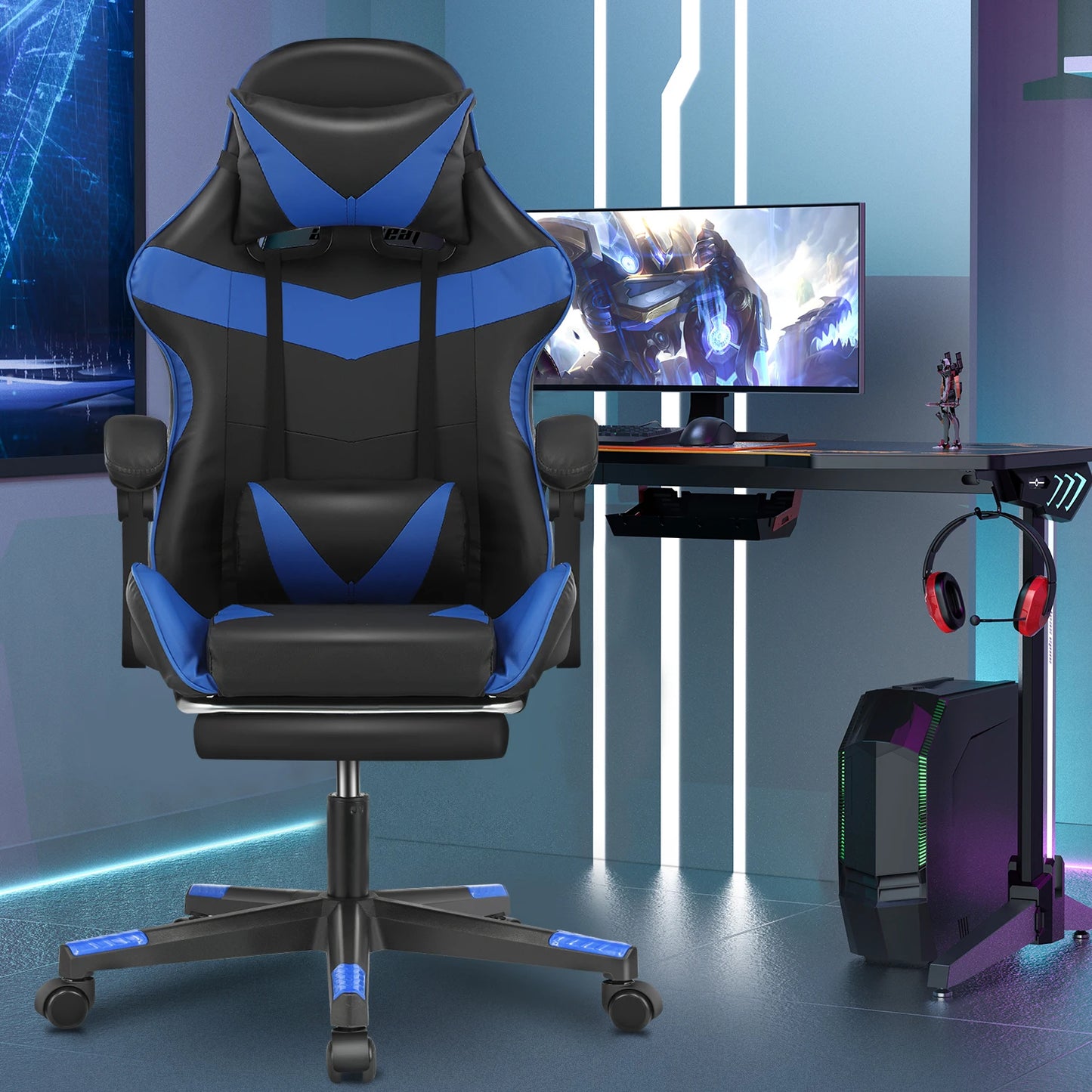 Bürostuhl Ergonomisch Gaming Stuhl Massage Gaming Sessel mit Kopfstütze Massage-Lendenkissen, Gepolstert Gaming Chair, Drehsessel,150kg Kapazität,Schwarz  Blau