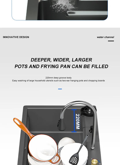 Kitchen Sink Stainless Steel Large Single Slot Multifunctional Tank Wash Basin With Waterfall Faucet Lowe Price