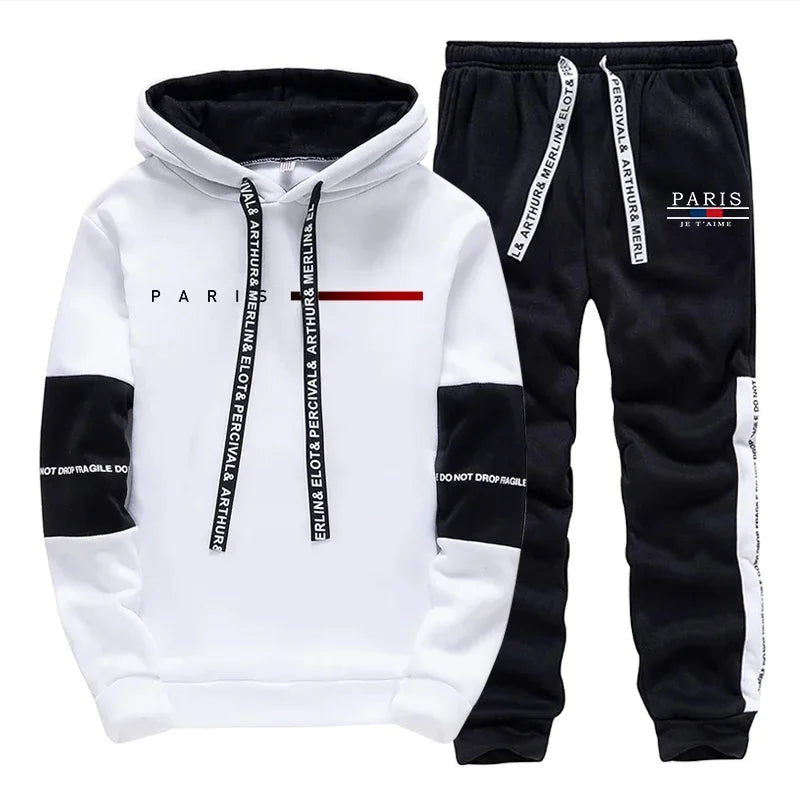 2025 Trendy Paris Print Hooded Tracksuit Men Winter Autumn Casual Jogging Outfit Athletic Sportswear Sweatpants Men's Clothes.