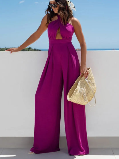 Sexy Backless Halter Neck Sleeveless Bandage Jumpsuit Summer Women Fashion Red Black Hollow Out Wide Leg Jumpsuits Streetwear.