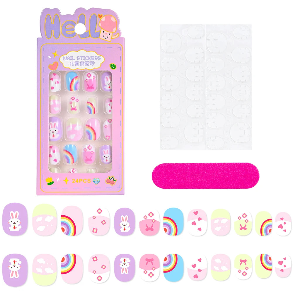 24Pcs/box Kids nails for Girl Cartoon Pattern False Nail Cute Child Fake Nails Tips Kawaii Acrylic Artificial Press on Nail+Tool