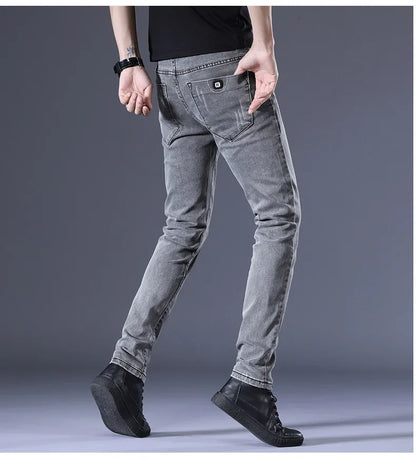 Slim Fit Men's Jeans Casual Elastic Korean Style Autumn Grey Trendy Long Pants Versatile Slim Legged Casual Trousers.