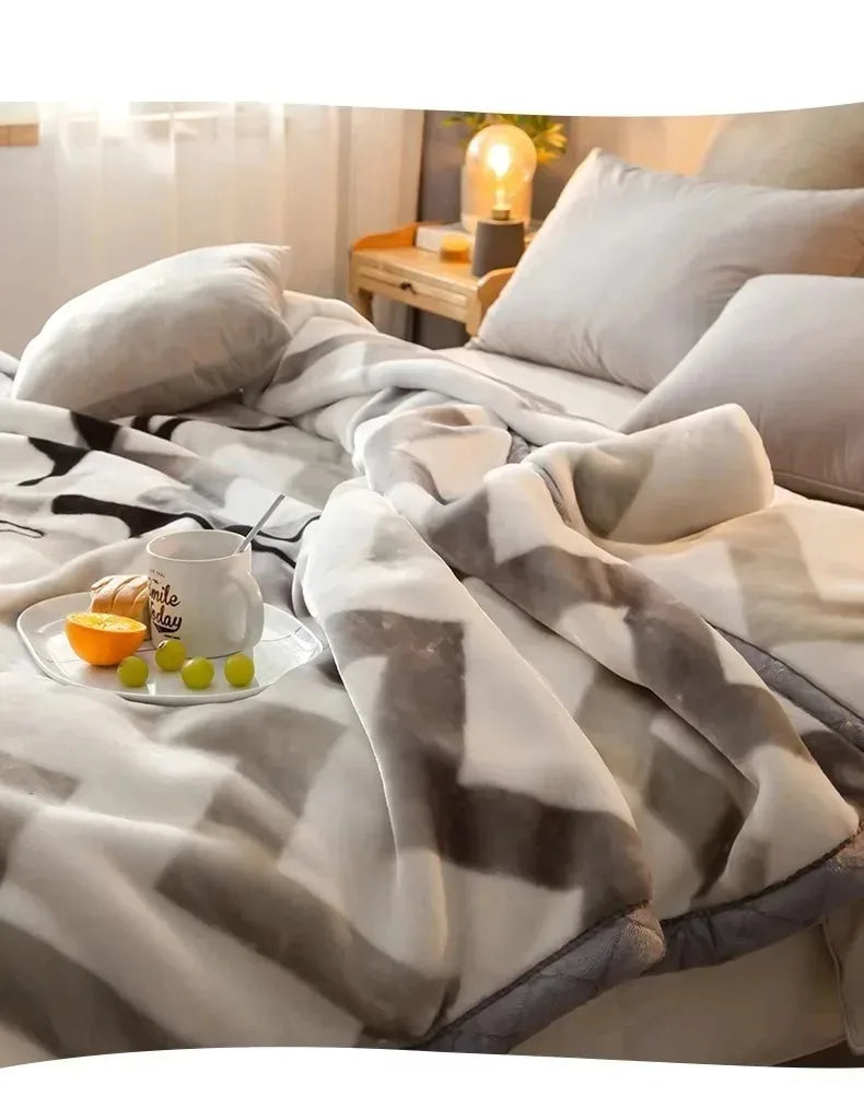 Modern Geometric Cartoon Printed Bedroom Blanket Coral Fleece Dormitory Quilt Thicking Double Layer Multi Purpose Bedding Sheets.