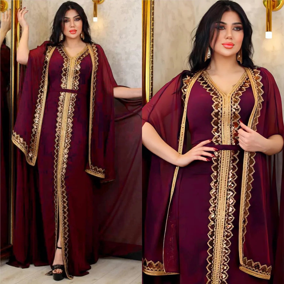 Elegant Muslim Abaya for Women Dress 2 Piece Set Chiffon Cloak Caftan Indian Party Dresses Sequins Kinono Robe Vestidos Abayas.