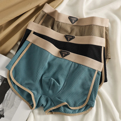 3 Teile/paket Mode Eis Seide Gestrickte Plaid Boxer Atmungsaktive Komfort Mesh Gabelung Unterhose Super Weiche Hohe Elastische männer Höschen