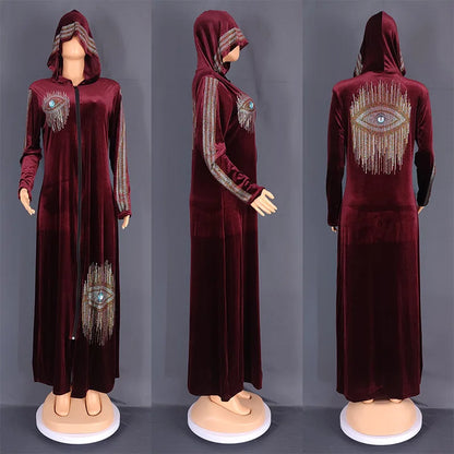 Long Sleeved Hooded Muslim Dress Velvet Diamond Clothing for Women Dubai Abayas Casual Korean Style Kaftan Evening Dress Abayas.