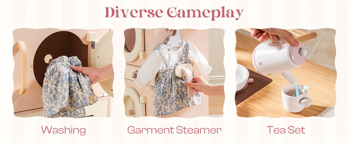 Robotime Robud Kids Corner Kitchen Playset Wooden Play Kitchen Set with Realistic Sound Pretend Play Gift for Boys Girls Pink.