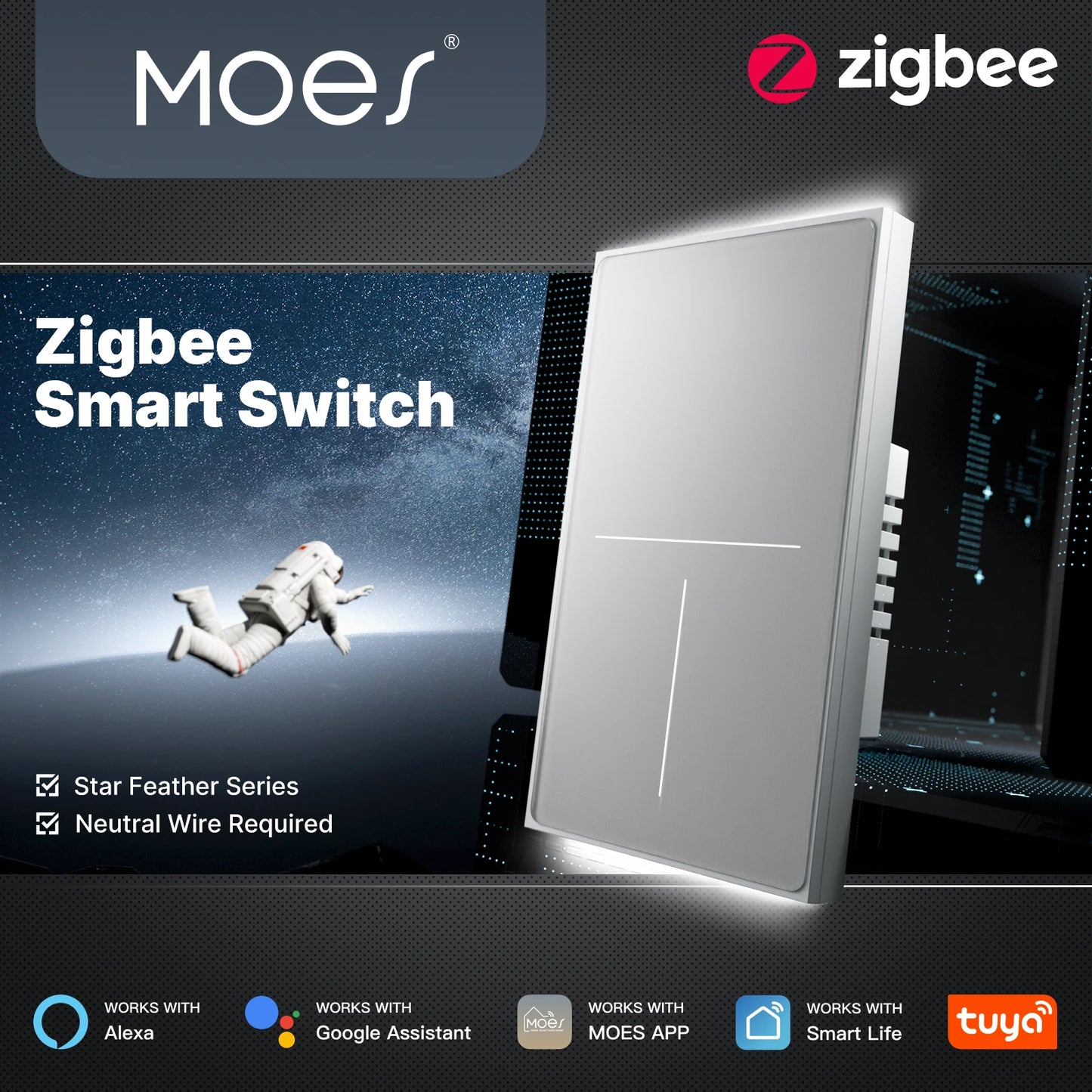 MOES Tuya ZigBee Star Feather Schalter US Smart Air Touch mit neutraler Lichtszene 2in1 APP-Fernbedienung mit Alexa Google Home.