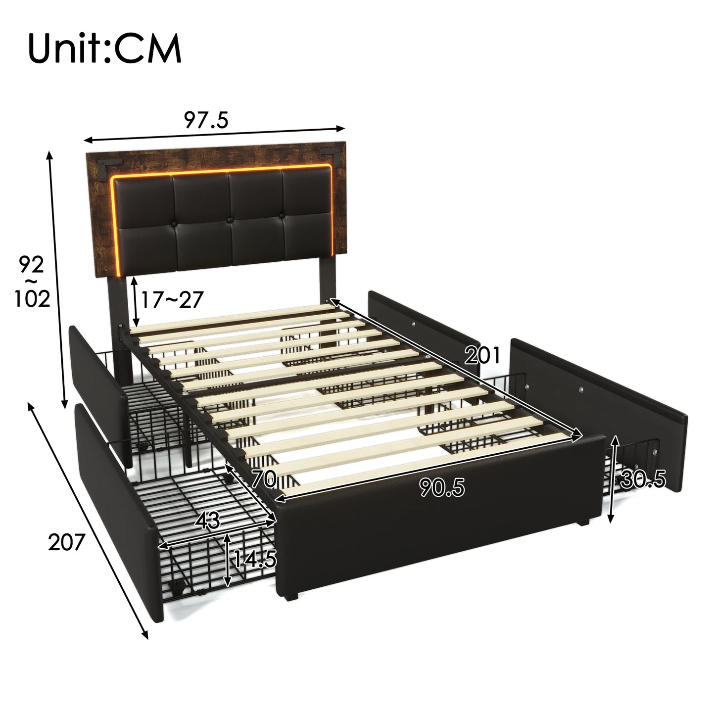 KOMHTOM Polsterbett PU - LED-Beleuchtungsleiste, 4 Schubladen, höhenverstellbares Kopfteil, ohne Matratze