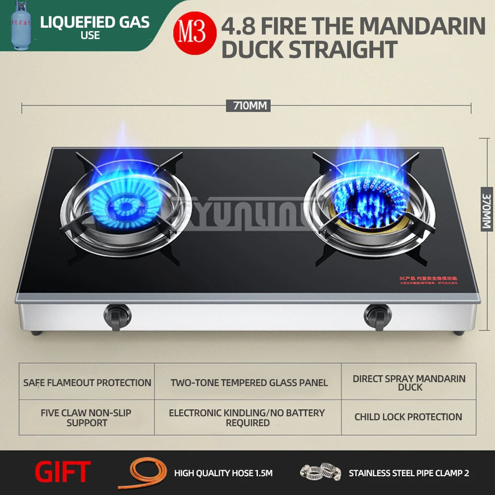 Household Desktop Natural Gas Liquefied Gas Timing Stove Double-Hole Fierce Fire Kitchen Cooker Tool.