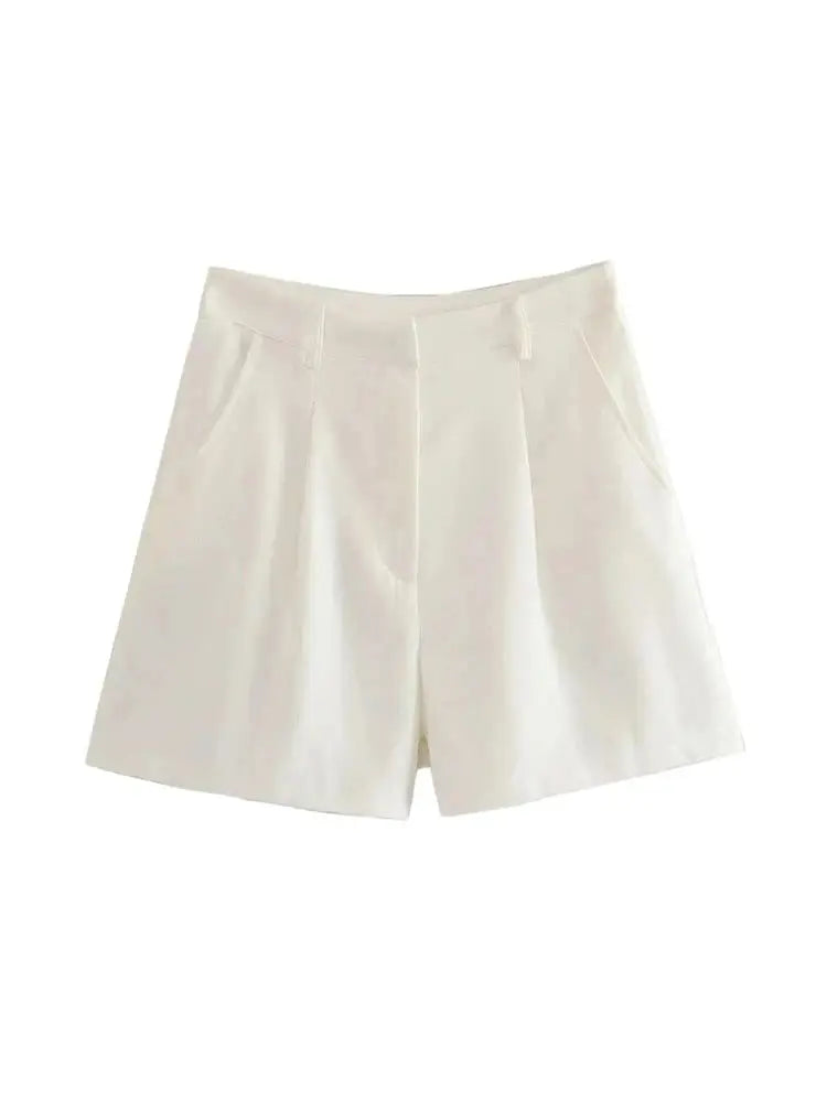 Women Fashion With Pockets Front Pleats Linen Blend Shorts Vintage High Waist Zipper Fly Female Short Pants Mujer.