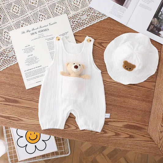 2024 sommer Solide Weiß Atmungsaktive Leinen Infant Baby Insgesamt Strampler mit Puppe und Hut 3 stücke Unisex Baby Sonnencreme Overalls.