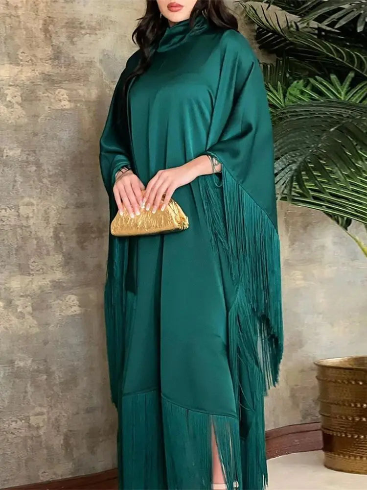 Eid Satin Luxury Green White Black Pink Khimar Tassel Butterfly Batwing Abaya For Women Islam Muslim Maxi Dress Kaftan Kebaya
