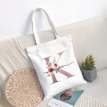 Custom Name White Canvas Tote Bag Large Capacity Foldable Supermarket Shopping Bag for Women Shopper Personalized Handbags