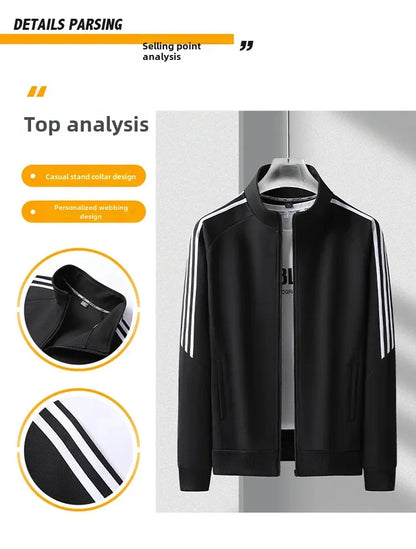 New Casual Men's Sport Suit Striped Ankle-Length Cotton Stand Collar Jacket With Three Buttonts Slim Fit Pants 2-Piece Set.
