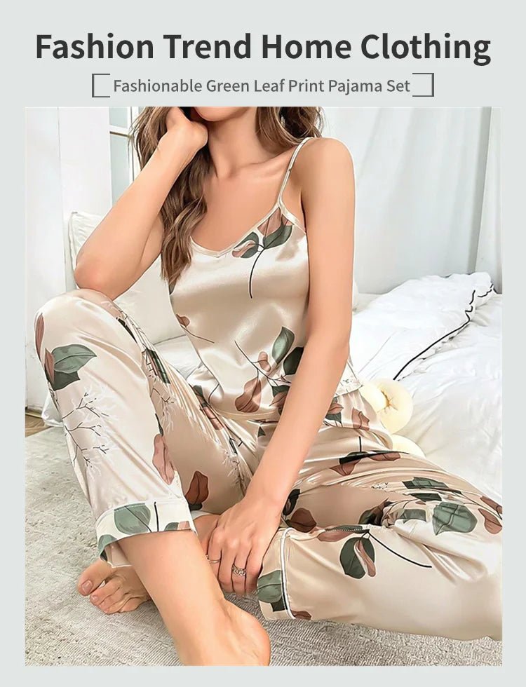 Elegantes Damen-Pyjama-Set aus Satin mit Blattmuster, V-Ausschnitt, Cami-Oberteil und elastische Hose für bequemen Schlaf und Faulenzen.