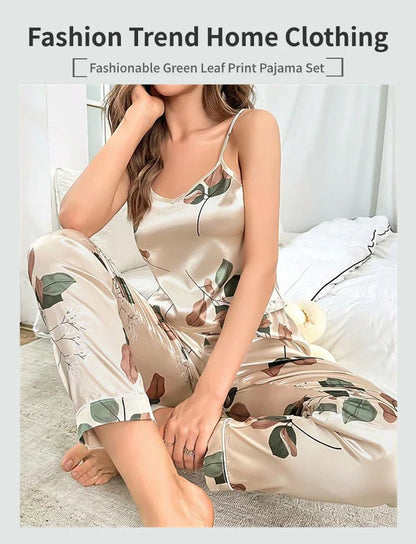 Elegantes Damen-Pyjama-Set aus Satin mit Blattmuster, V-Ausschnitt, Cami-Oberteil und elastische Hose für bequemen Schlaf und Faulenzen.
