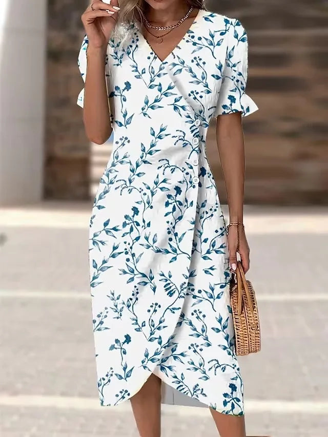 Elegante Blumen Plissee H-förmigen Midi Kleid Weibliche V-ausschnitt Puff Sleeve Taille Geraffte Taste Kleider Frauen Sommer Kleid Robe.