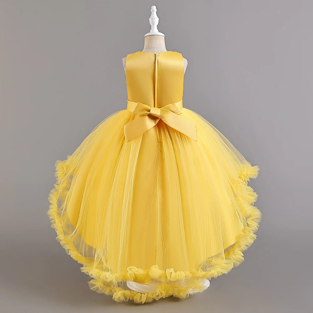 Gelbes ärmelloses Kinder leistungs kleid Bogens chwanz kleid Prinzessin kleid für 3y bis 12y Geburtstags feier kleidung.
