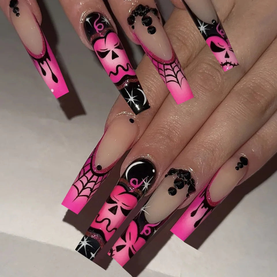 24pcs Glitter Pink Sequins Fake Nails 2025 Halloween Scary Skull Love Print False Nails Wearable European Ballet Press on Nails