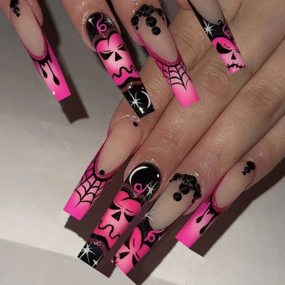 24pcs Glitter Pink Sequins Fake Nails 2025 Halloween Scary Skull Love Print False Nails Wearable European Ballet Press on Nails